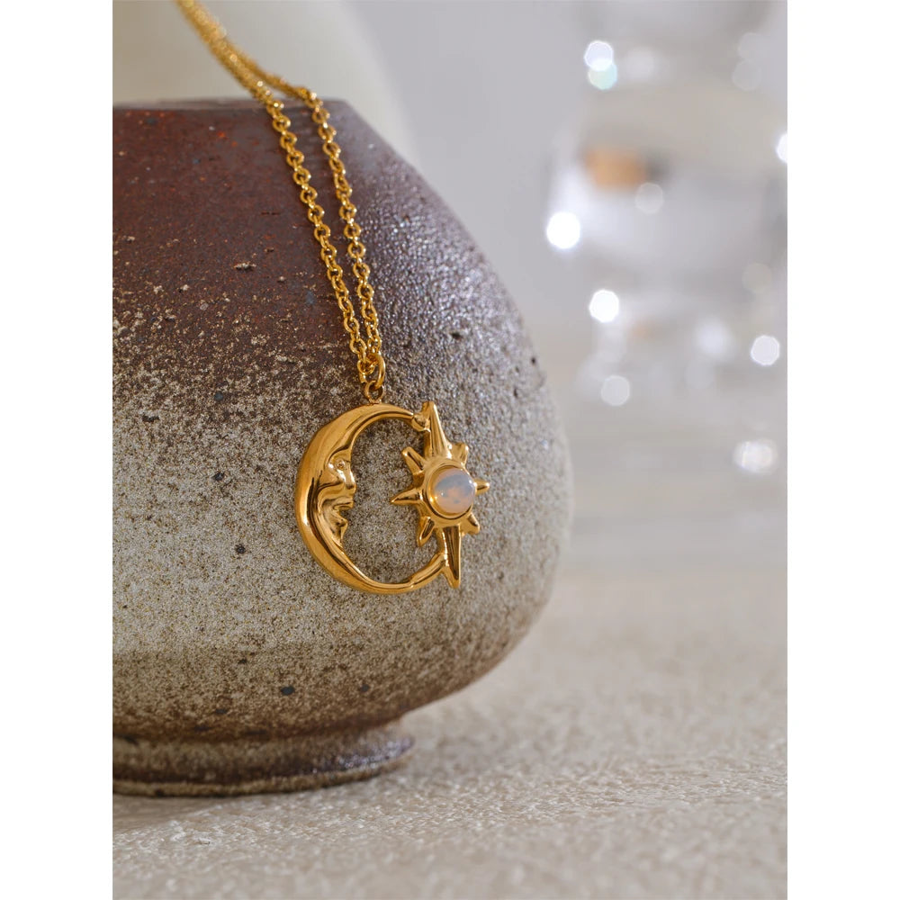 Star moon necklace in gold-plated stainless steel.