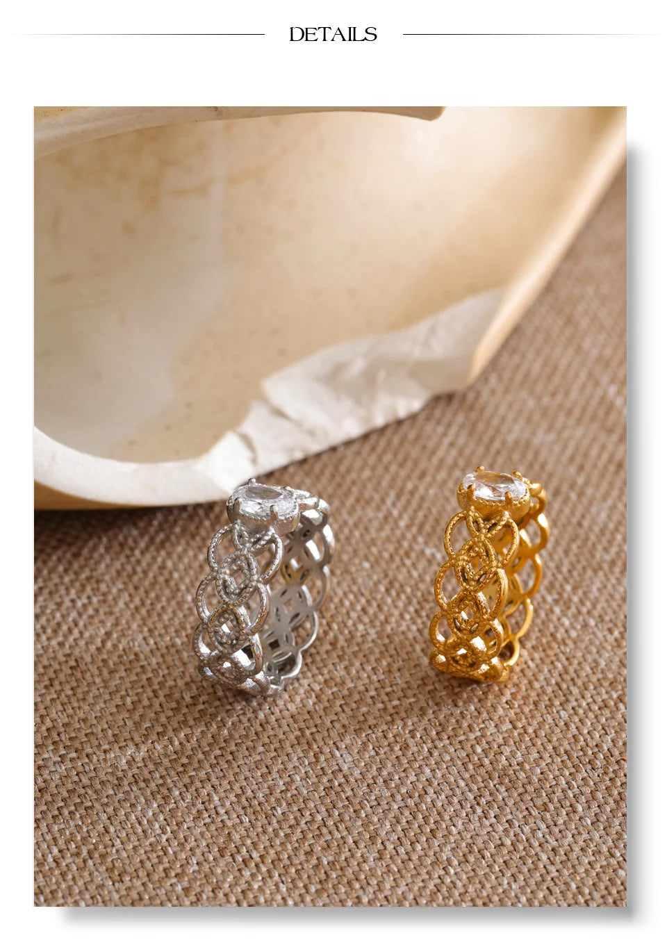 Cubic zirconia geometric ring in 18K gold-plated stainless steel with cubic zirconia.
