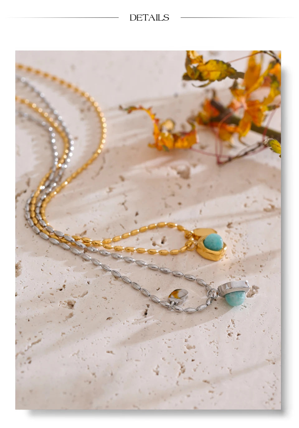 Natural stone geometric necklace in gold-plated stainless steel with natural stone.