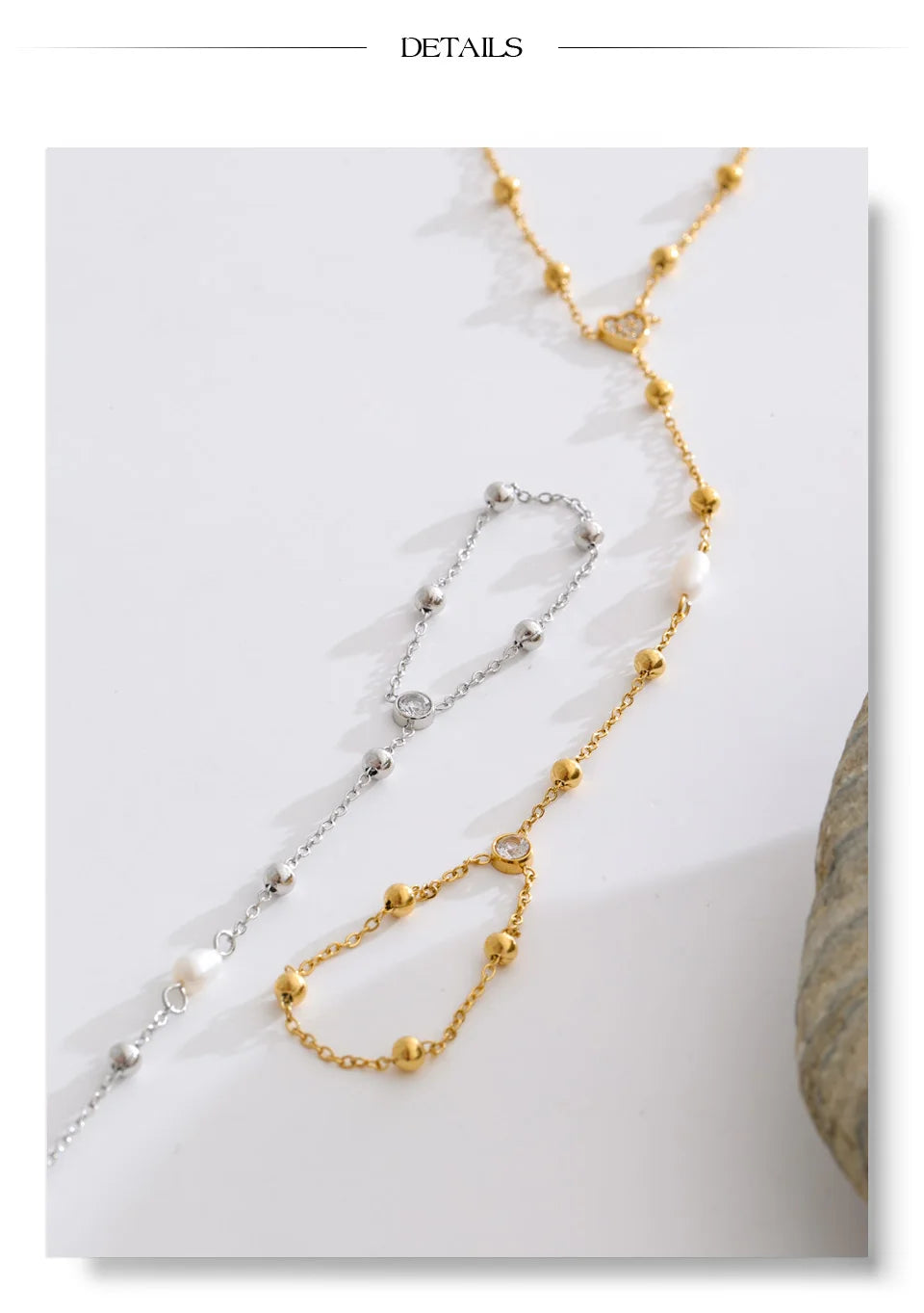 Cubic Zirconia Pearl Geometric Bracelet — Gold-Plated Stainless Steel with Pearl and Cubic Zirconia · PS1330