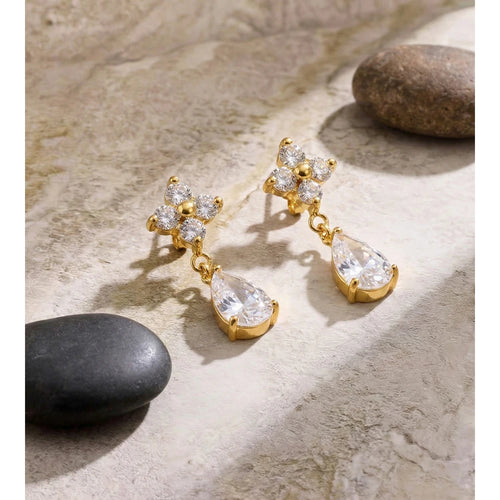 Cubic Zirconia Flower Earrings — Gold-Plated Stainless Steel with Cubic Zirconia · PS1166