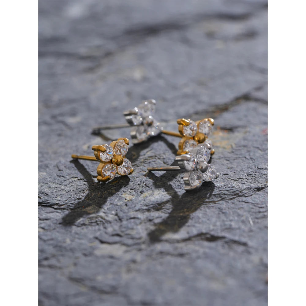 Cubic Zirconia Flower Earrings — Gold-Plated Stainless Steel with Cubic Zirconia · PS2236