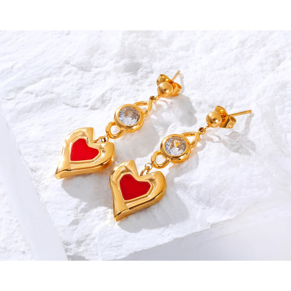 Drop Piercing Earrings Zircon Crystal Red Enamel — 316L Stainless Steel · PS425