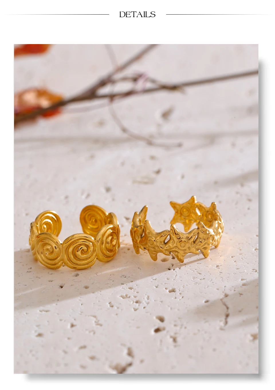 Shell geometric ring in 18K gold-plated stainless steel with shell.
