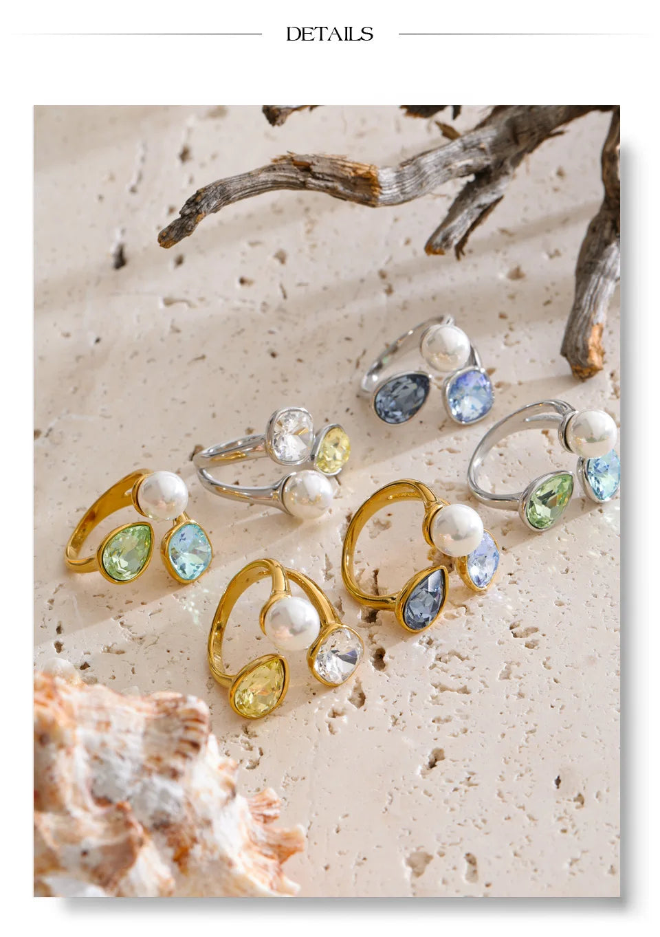Pearl crystal geometric ring in 18K gold-plated stainless steel with pearl and crystal.