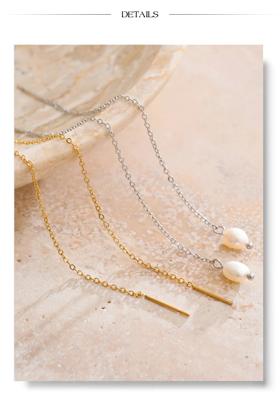 Freshwater pearl geometric chain earrings in gold-plated stainless steel with freshwater pearl.