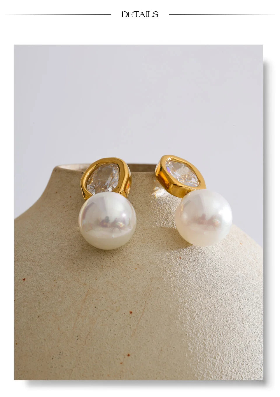 Cubic Zirconia Pearl Geometric Earrings — Gold-Plated Stainless Steel with Pearl and Cubic Zirconia · PS1428