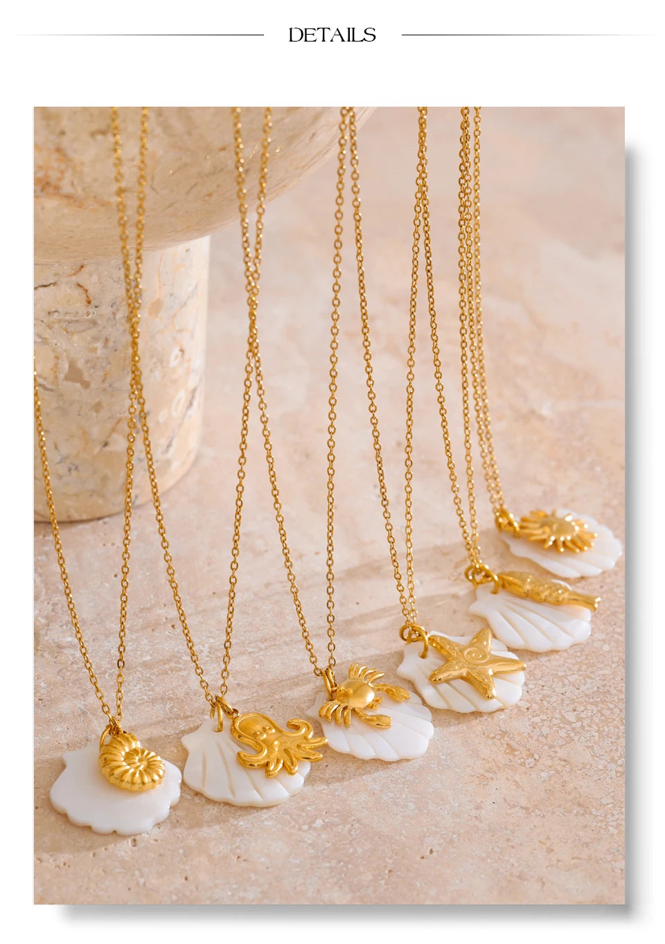 Shell star geometric necklace in gold-plated stainless steel with shell.