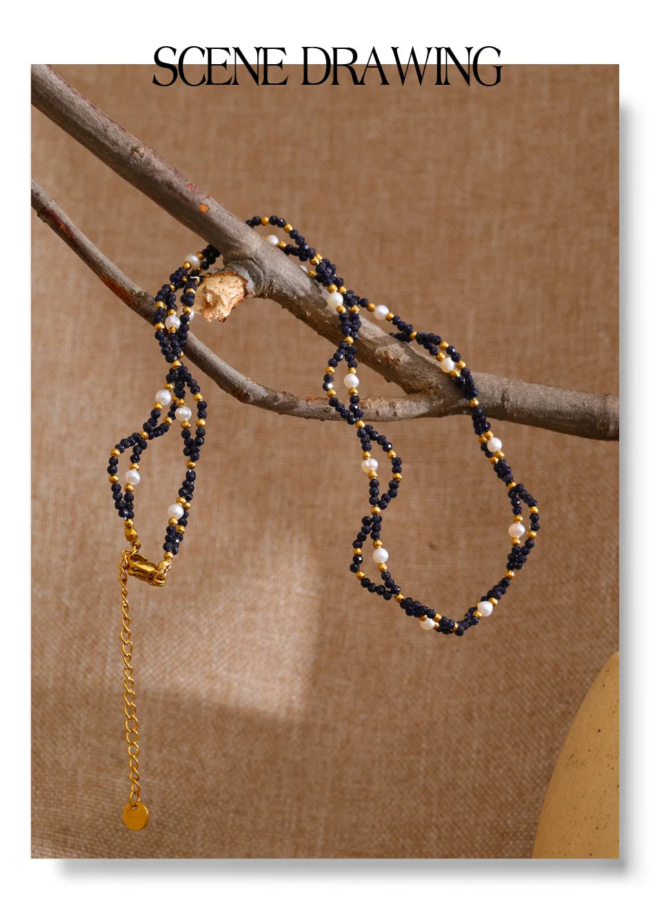 Pearl natural stone beaded necklace in gold-plated stainless steel with pearl and natural stone.