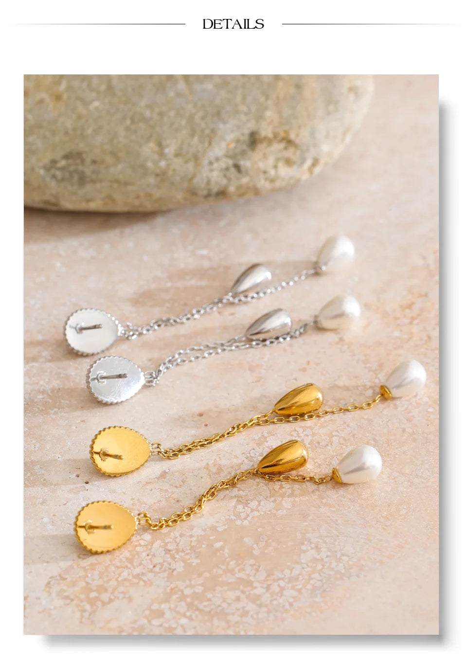 Pearl geometric chain earrings in gold-plated stainless steel with pearl.