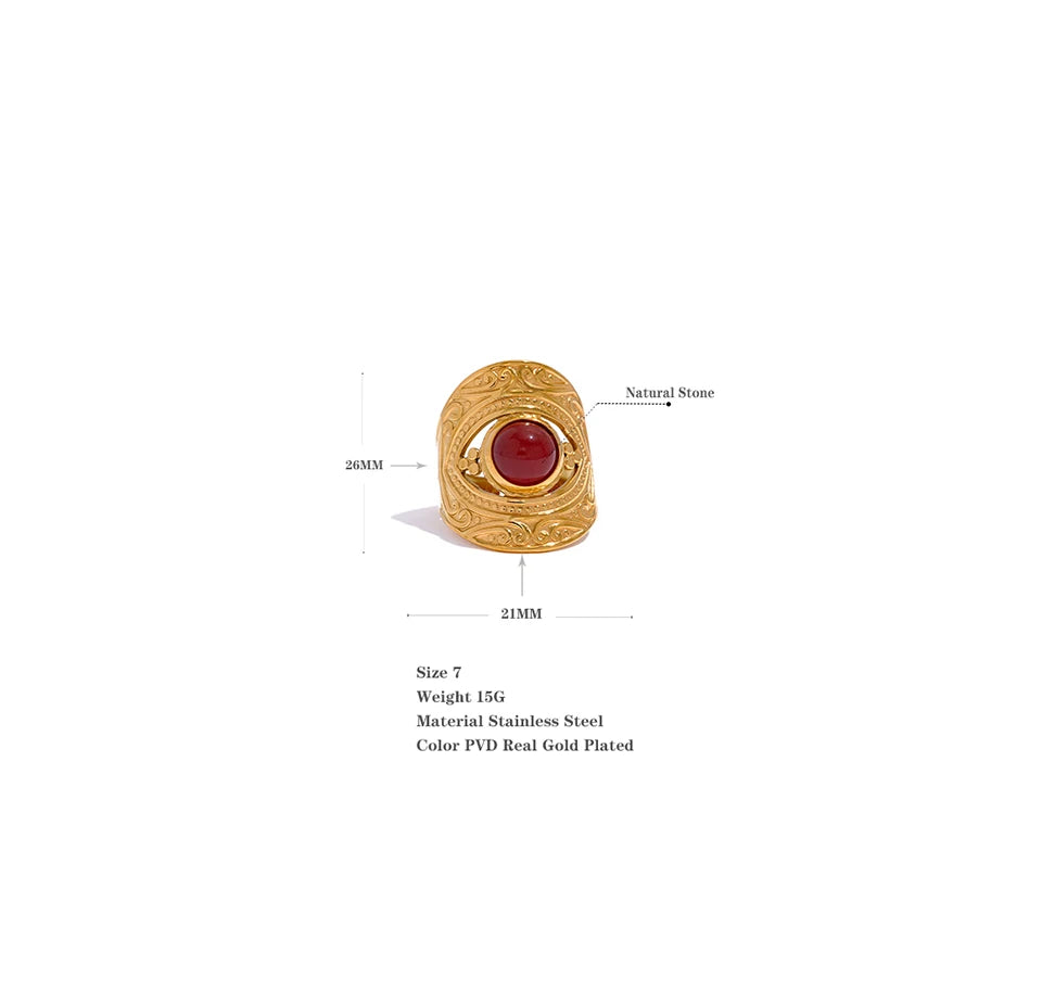 Red natural stone vintage ring in gold-plated stainless steel with natural stone.