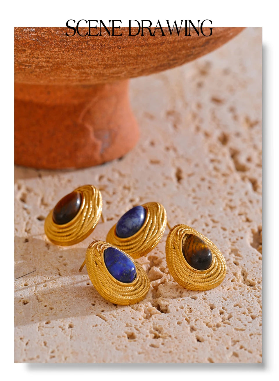 Natural stone geometric earrings in gold-plated stainless steel with natural stone.