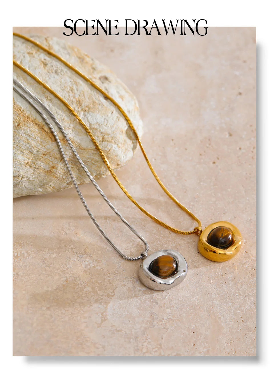 Natural stone geometric necklace in gold-plated stainless steel with natural stone.