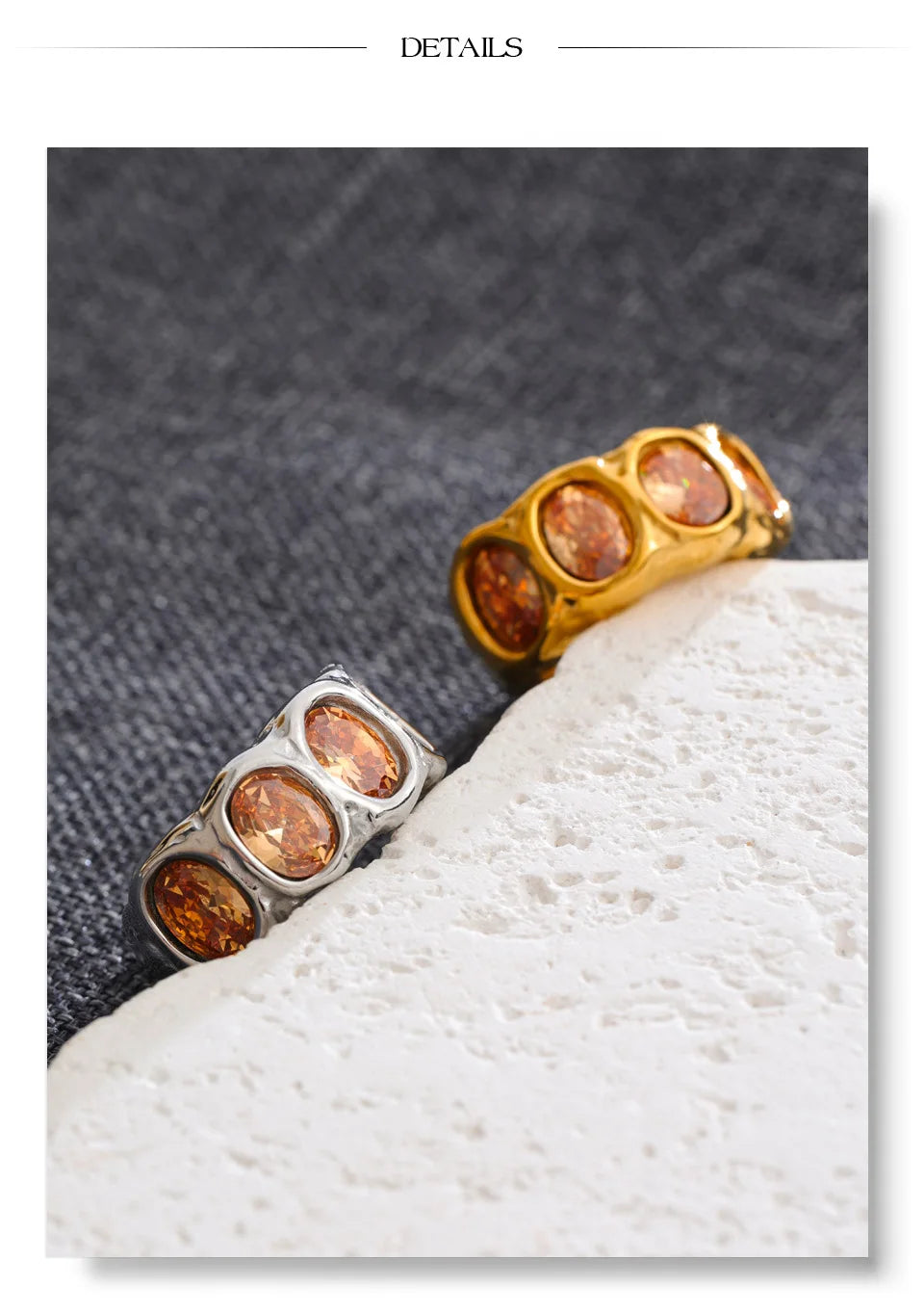 Cubic zirconia geometric ring in 18K gold-plated stainless steel with cubic zirconia.