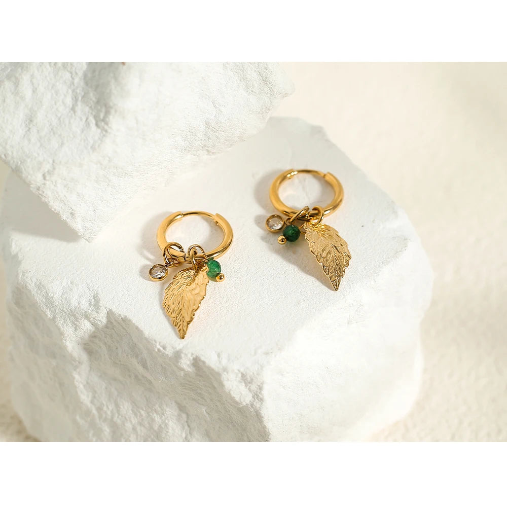 Hoop Earrings Metal Leaf Crystal Pendants — 316L Stainless Steel · PS457