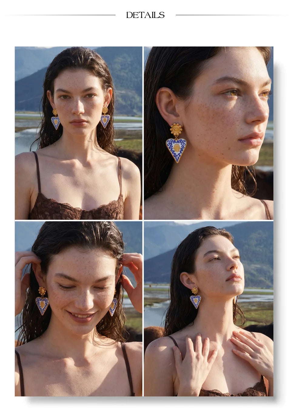 Blue enamel heart earrings in gold-plated stainless steel with enamel.