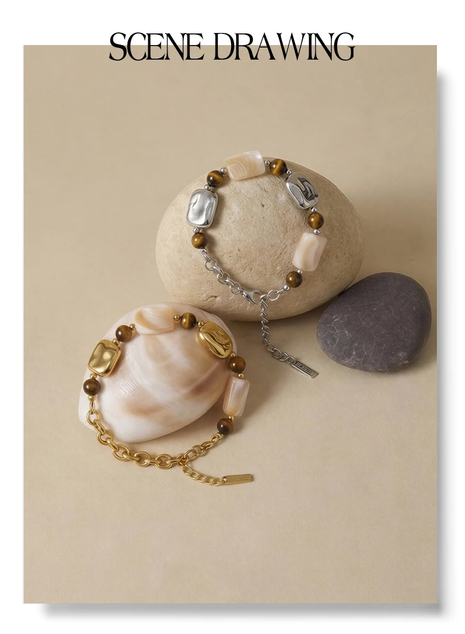 Shell Natural Stone Geometric Bracelet — Gold-Plated Stainless Steel with Natural Stone and Shell · PS1170