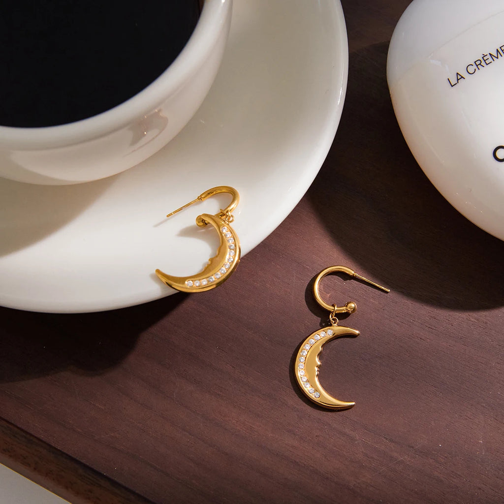 Crescent Moon Drop Earrings — Stainless Steel · PS074