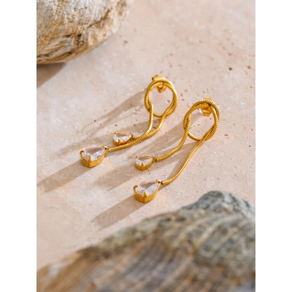 Cubic Zirconia Geometric Chain Earrings — Gold-Plated Stainless Steel with Cubic Zirconia · PS1608