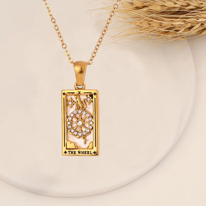 Zirconia Tarot Card Necklace Classic Tarot Queen Lover Magician Moon Wealth Amulet Stainless Steel Jewelry