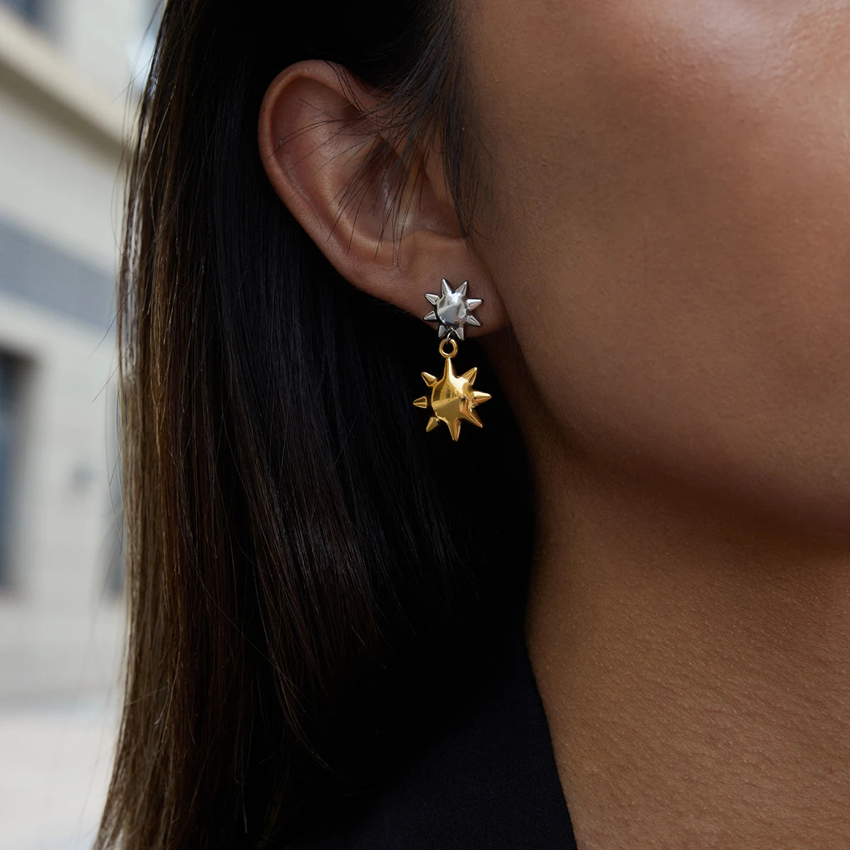 Two-Tone Sun Earrings — Stainless Steel · PS371