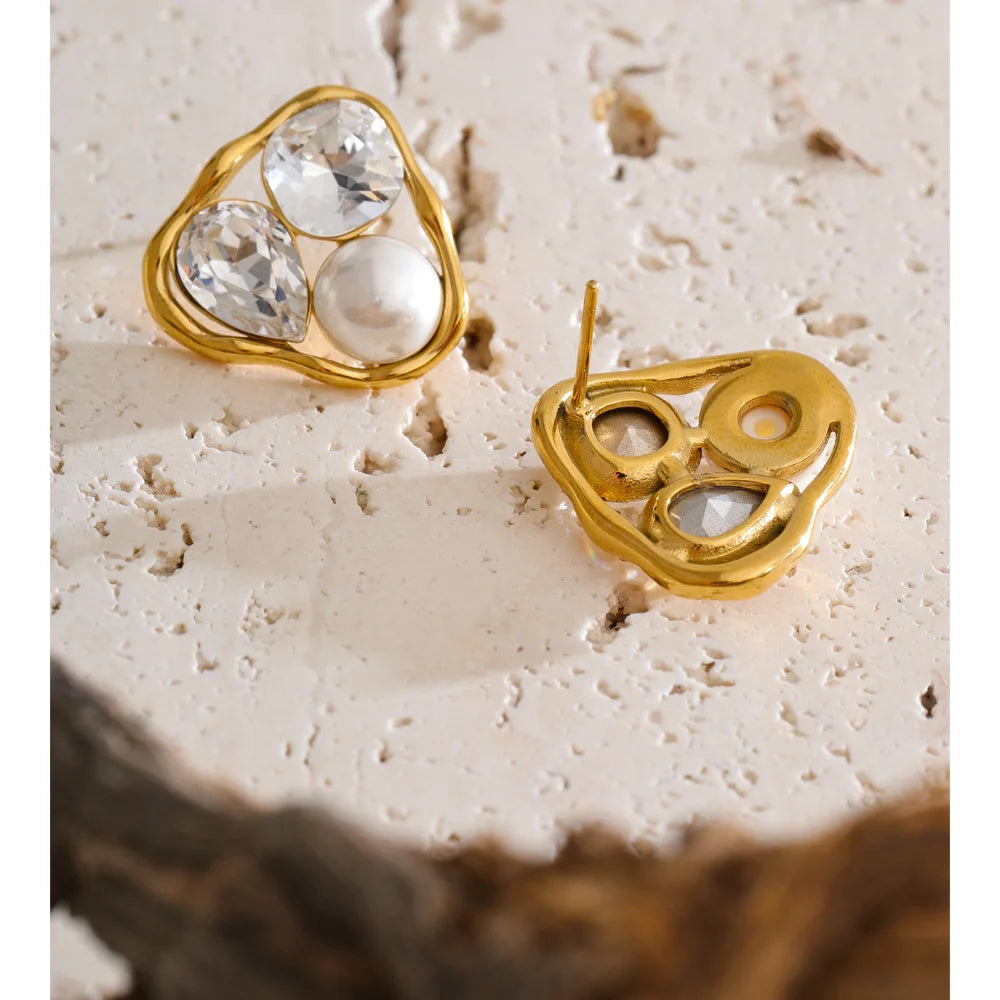 Cubic Zirconia Pearl Geometric Earrings — Gold-Plated Stainless Steel with Pearl and Cubic Zirconia · PS1441