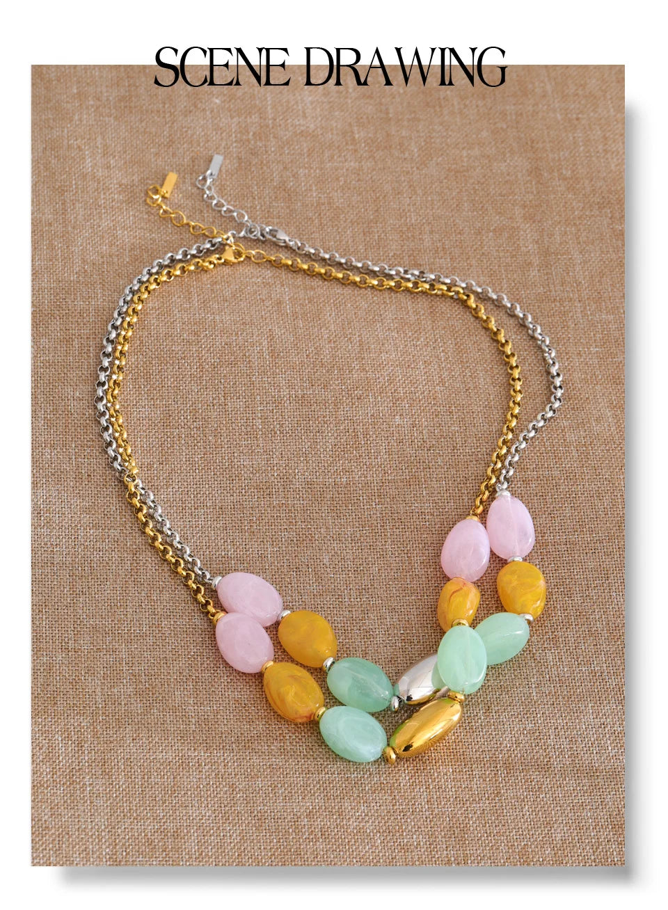 Resin natural stone geometric necklace in gold-plated stainless steel with natural stone and resin.