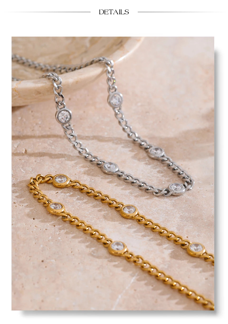 Cubic zirconia geometric chain necklace in gold-plated stainless steel with cubic zirconia.