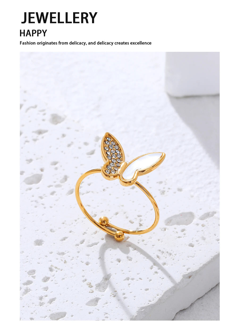 Butterfly Adjustable Ring Crystal Shell — 316L Stainless Steel · PS458