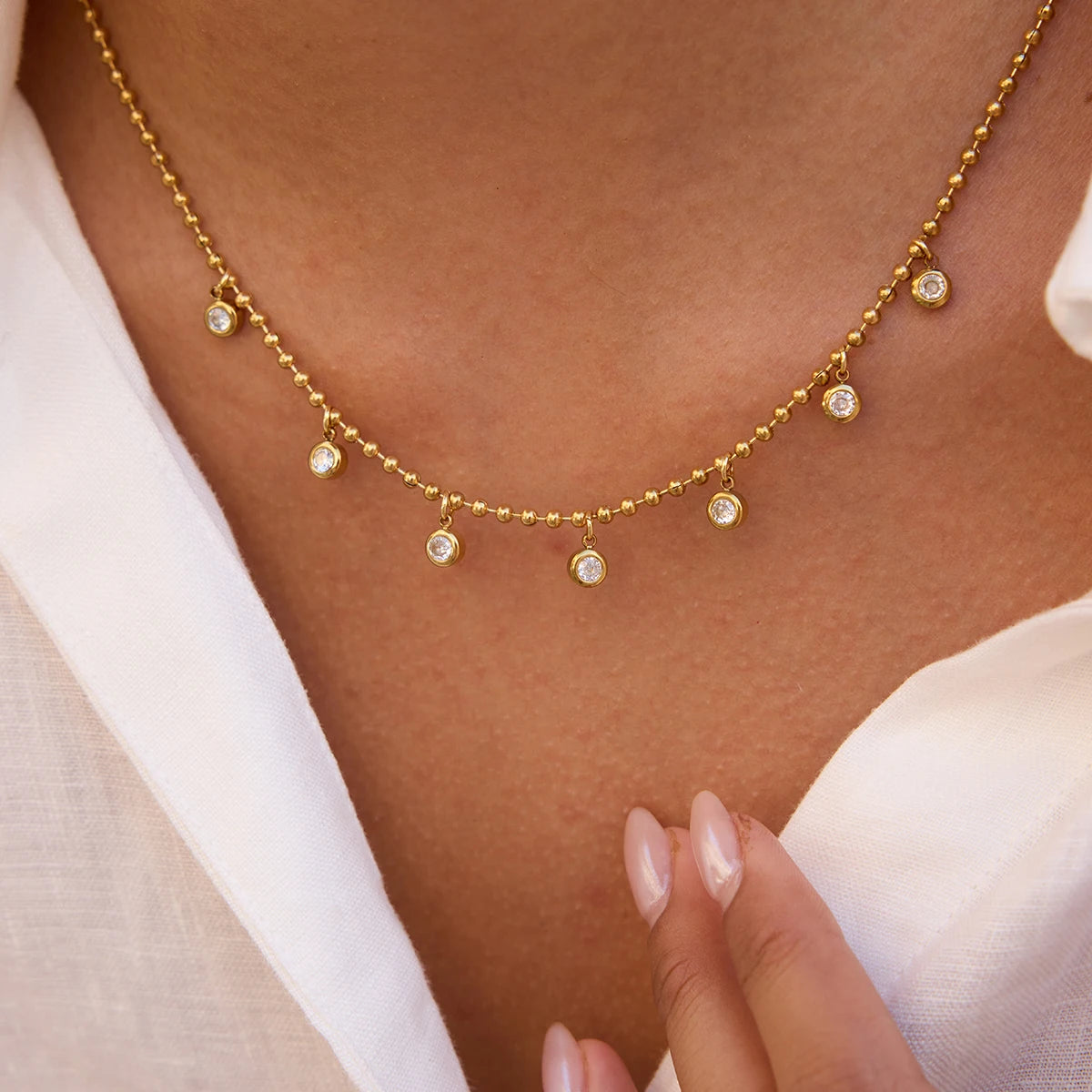 Layered Pearl Charm Necklace — Stainless Steel · PS156