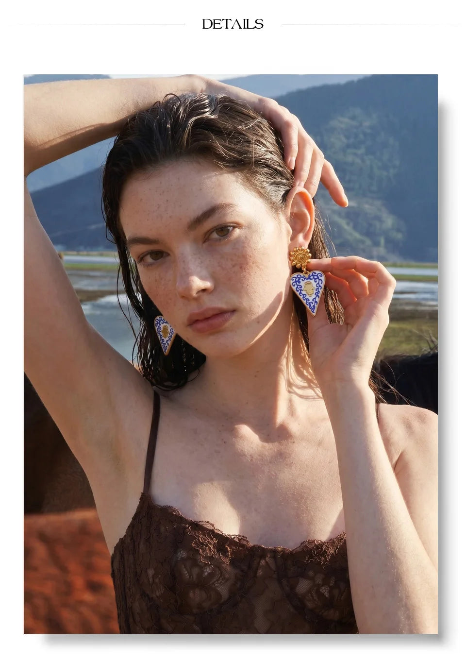 Blue enamel heart earrings in gold-plated stainless steel with enamel.