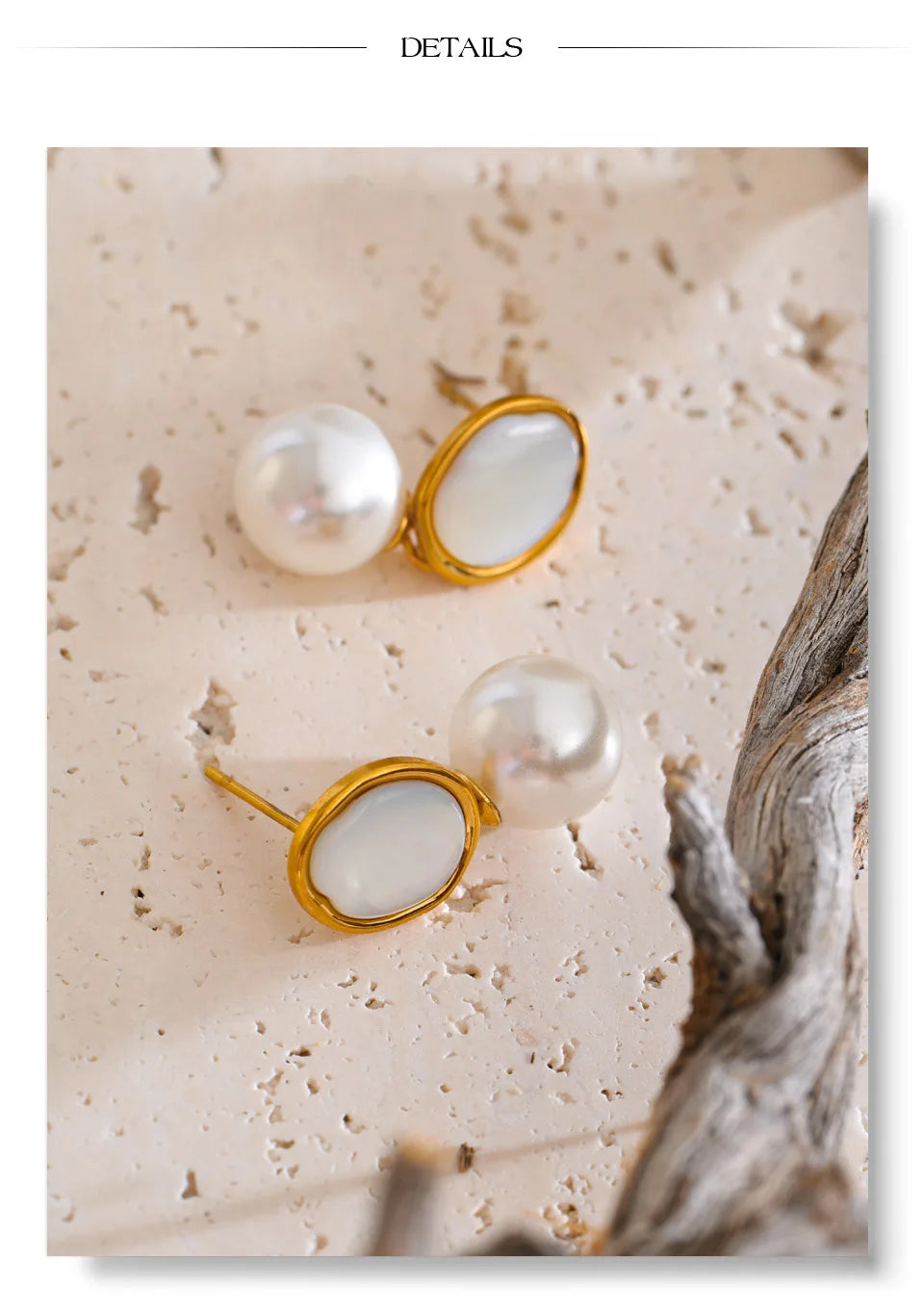 Pearl shell geometric earrings in gold-plated stainless steel with pearl and shell.