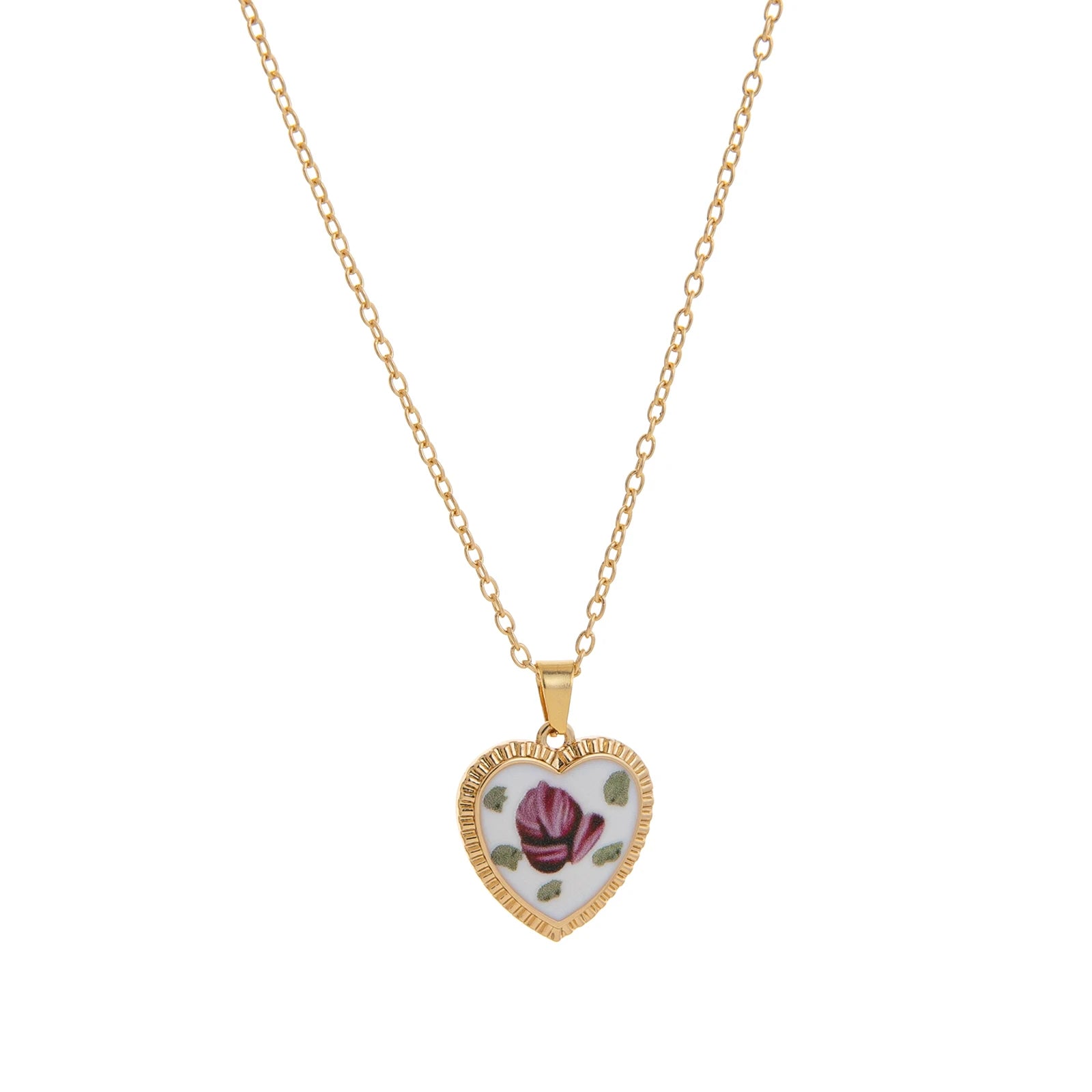Retro printed oval heart-shaped necklace, women's colorful bohemian style jewelry, gold-plated
