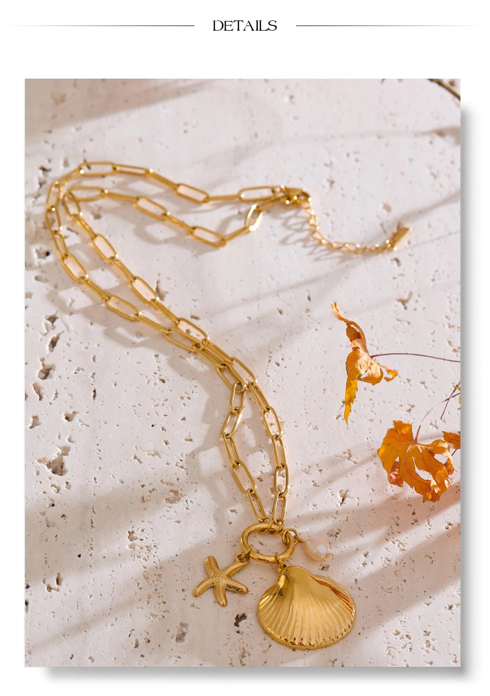 Freshwater Pearl Shell Star Necklace — Gold-Plated Stainless Steel with Freshwater Pearl and Shell · PS2305
