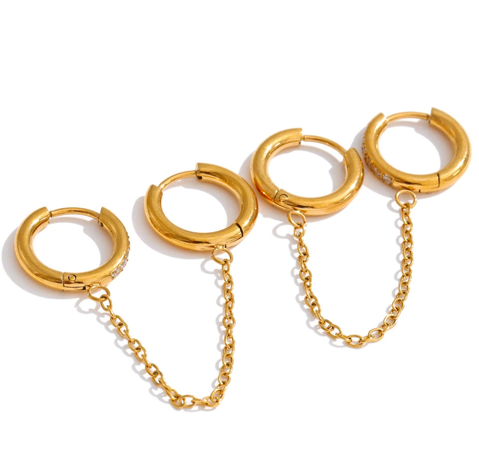 Cubic Zirconia Geometric Chain Earrings — Gold-Plated Stainless Steel with Cubic Zirconia · PS1462