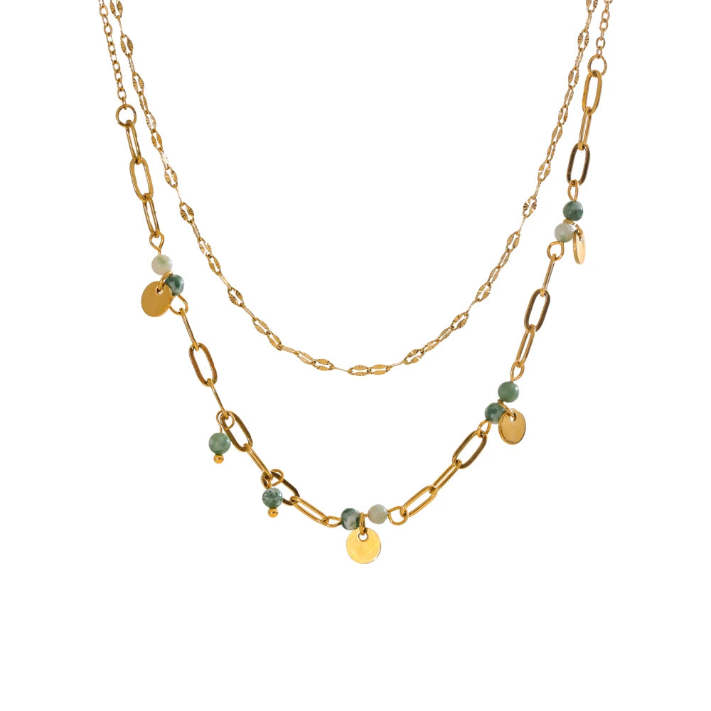 Green natural stone geometric necklace in gold-plated stainless steel with natural stone.