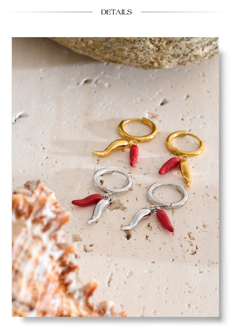 Red enamel geometric earrings in gold-plated stainless steel with enamel.