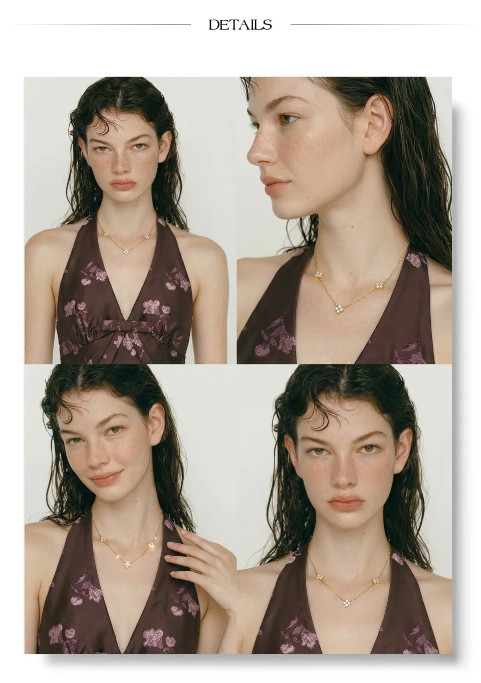 Cubic zirconia flower chain necklace in gold-plated stainless steel with cubic zirconia.