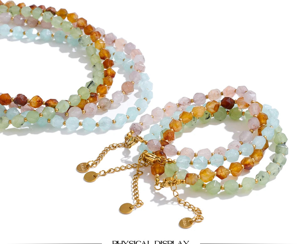 Natural stone beaded multi-color necklace in gold-plated stainless steel with natural stone.