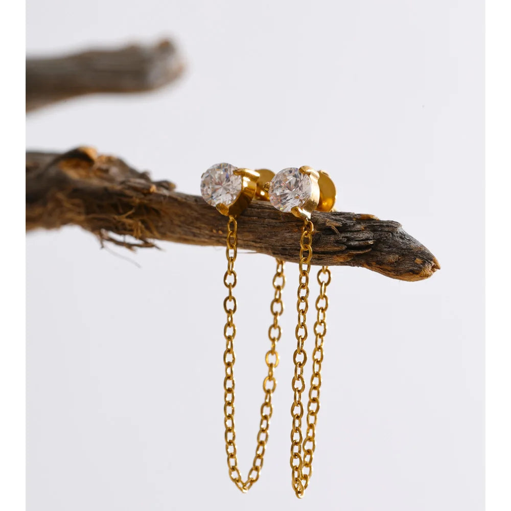 Cubic Zirconia Geometric Chain Earrings — Gold-Plated Stainless Steel with Cubic Zirconia · PS1323