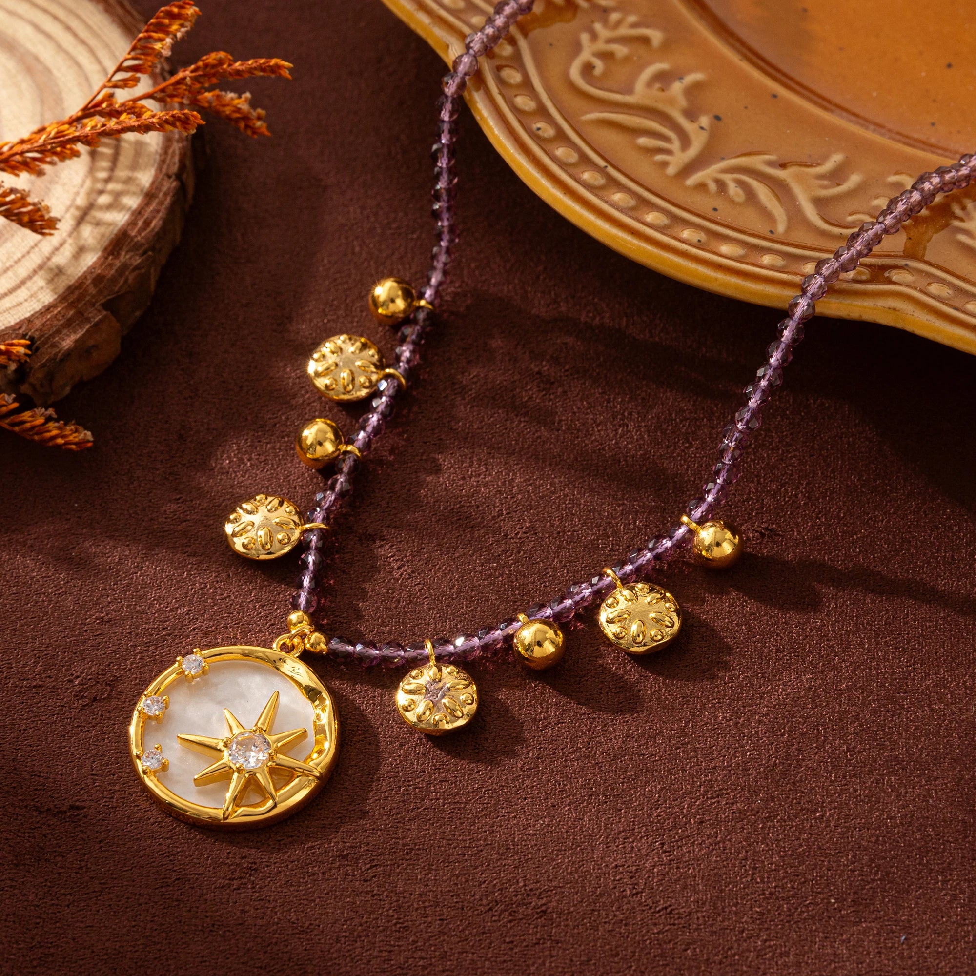 Stars, Radiance, Octagonal Stars, Moon, Colorful Beads, Necklace, Flowers, Purple, Diamonds, Dripping Oil