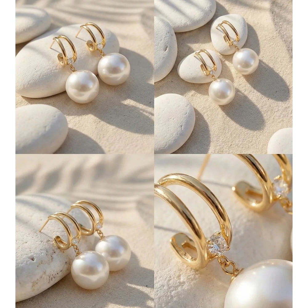 Pearl beaded geometric earrings in gold-plated stainless steel with pearl.