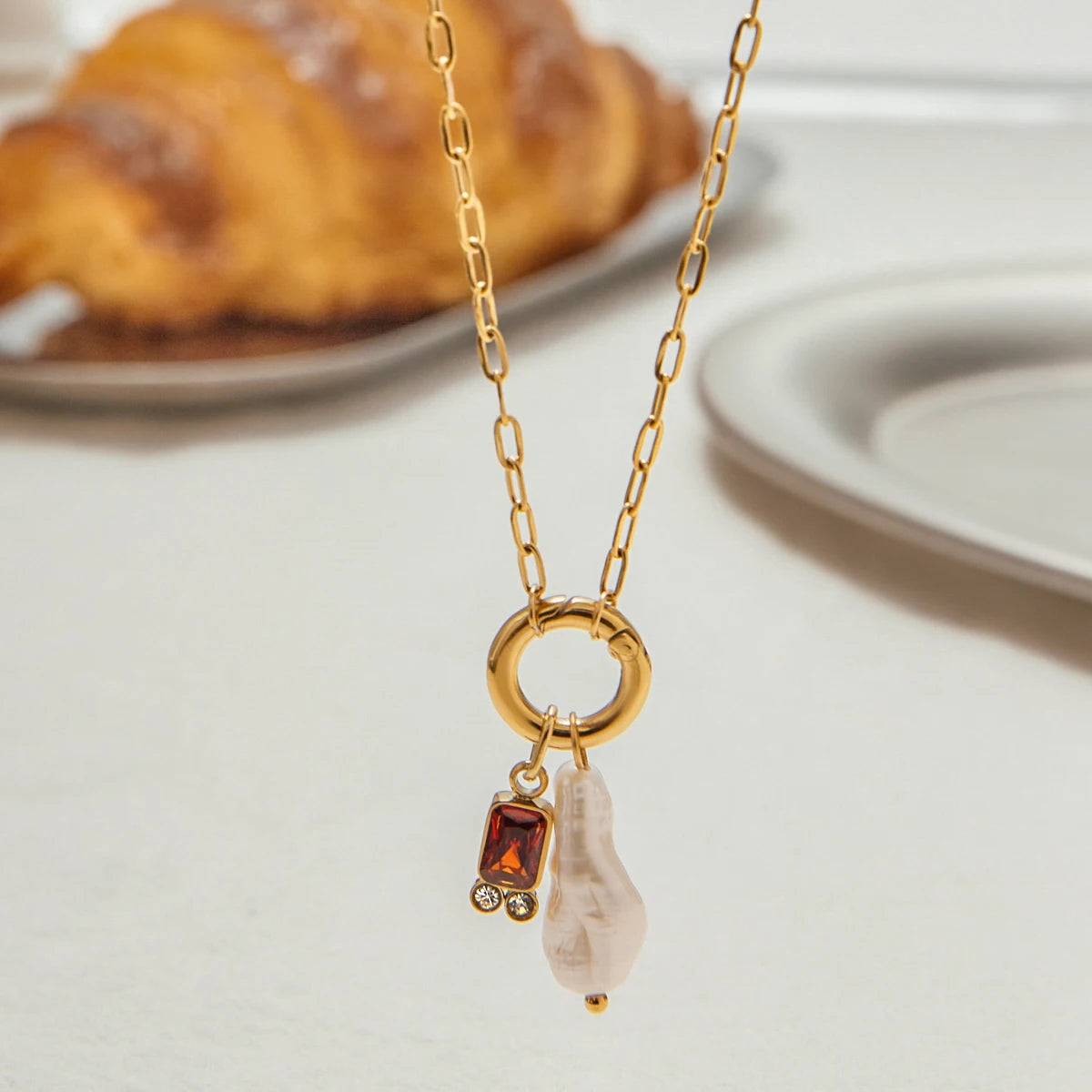 Pearl Birthstone Charm Necklace — Stainless Steel · PS169