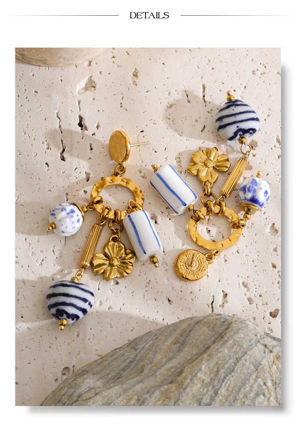 Blue heart flower earrings in gold-plated stainless steel.