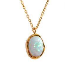 Gold-plated stainless steel necklace featuring a large oval opal pendant.
