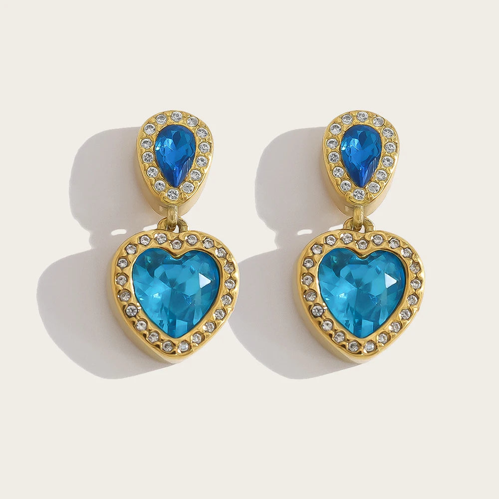 Drop Earrings Vintage Blue Crystal Heart — 316L Stainless Steel · PS466