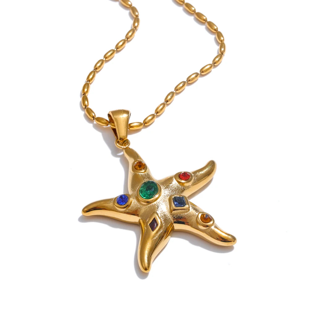 Cubic Zirconia Star Multi-Color Necklace — Gold-Plated Stainless Steel with Cubic Zirconia · PS2308