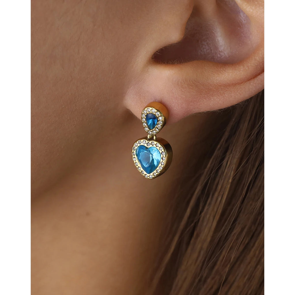 Drop Earrings Vintage Blue Crystal Heart — 316L Stainless Steel · PS466