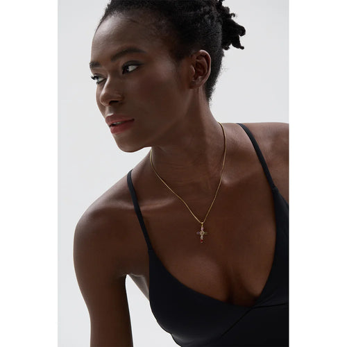 Cubic zirconia cross multi-color necklace in gold-plated stainless steel with cubic zirconia.