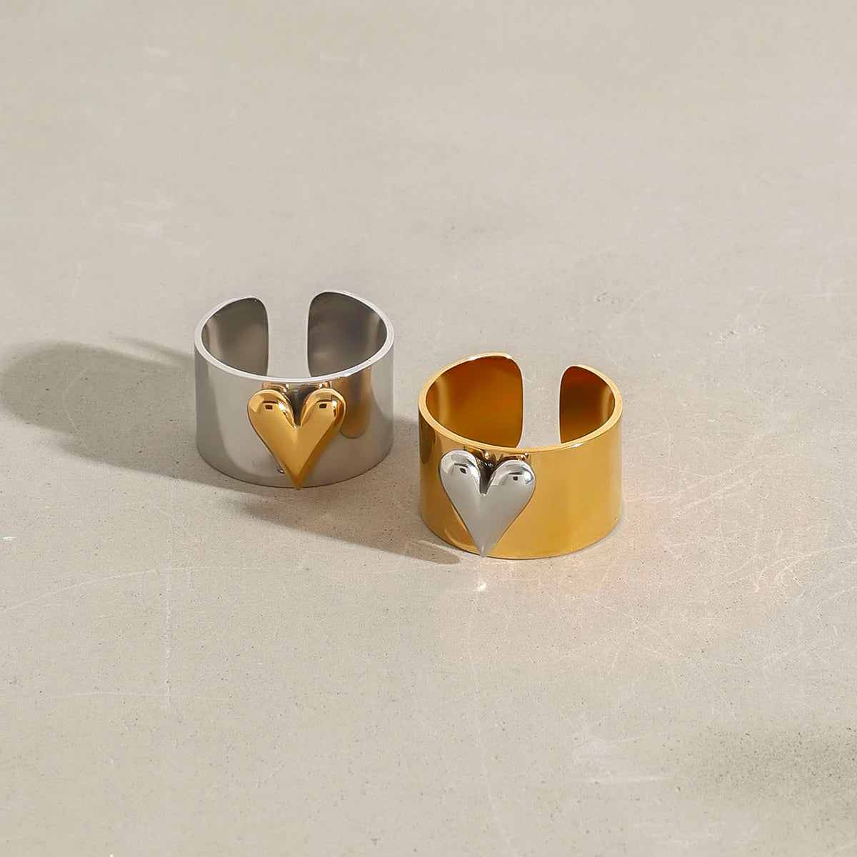 Geometric Heart Ring Stack — Stainless Steel · PS235